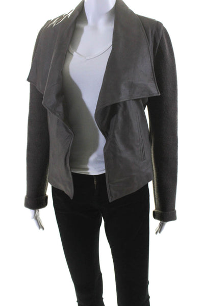Joie Womens Leather Knit Long Sleeve Draped Open Front Jacket Taupe Size M
