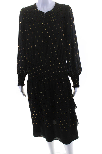 White House Black Market Womens Long Sleeves Tiered Dress Black Gold Size Small