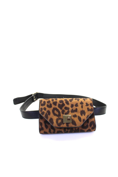 Aqua Womens Small Turnlock Flap Leopard Print Faux Suede Belt Bag Handbag Brown