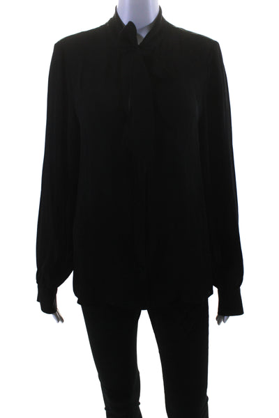 Intermix Womens Silk Chiffon Long Sleeve Tie V-Neck Button Up Top Black Size 10
