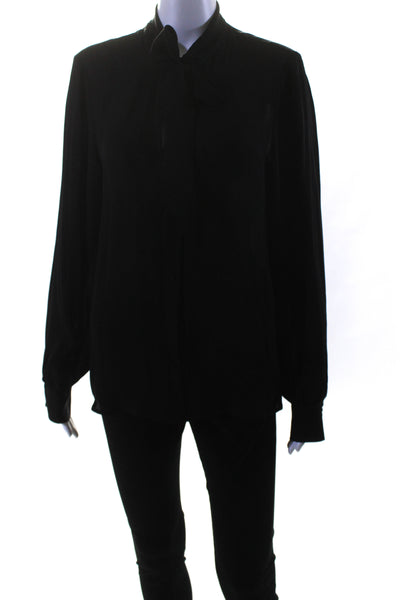 Intermix Womens Silk Chiffon Long Sleeve Tie V-Neck Button Up Top Black Size 10