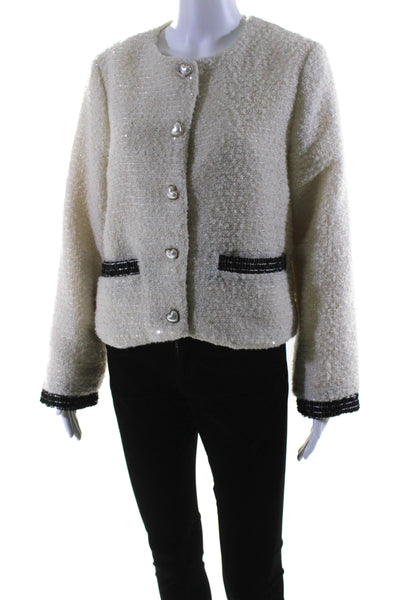 Dance & Marvel Womens Tweed Sequin Embellished Blazer Jacket Ivory White Size L