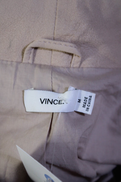 Vince Womens Leather Ribbed Knit Hem Mock Neck Full Zip Jacket Light Pink Size M