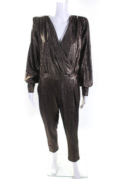 Le Piacentini Womens Puff Sleeve Metallic V Neck Jumpsuit Brown Size 42