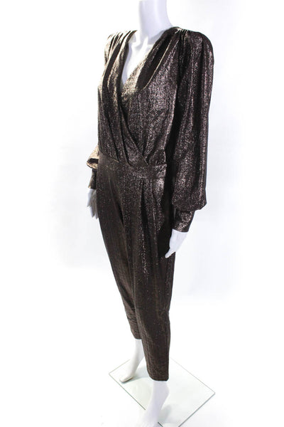 Le Piacentini Womens Puff Sleeve Metallic V Neck Jumpsuit Brown Size 42