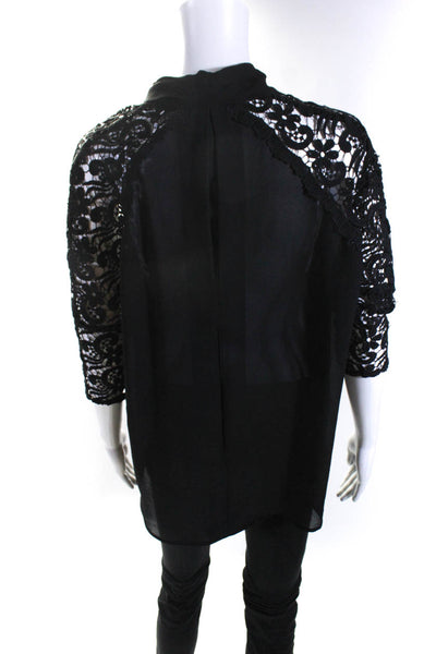 Stella & Jaime Women's V-Neck Crochet Sleeves Sheer Blouse Black Size XS