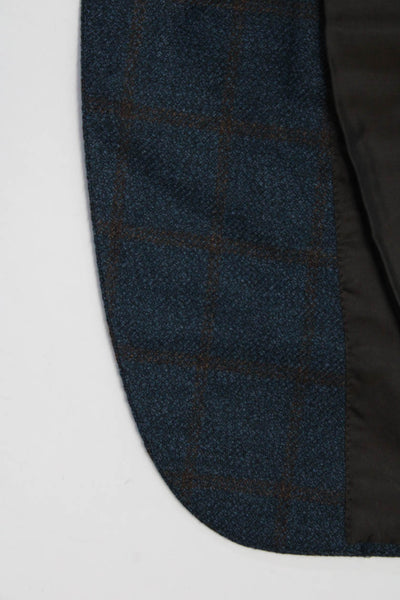 Corneliani Mens 100% Wool Woven Plaid Two Button Slim Blazer Blue Brown Size 48