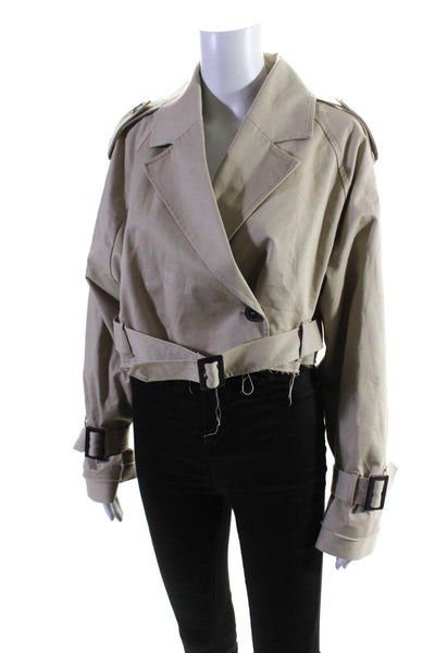 Zara Womens Cotton Belted Hem Long Sleeve Cropped Jacket Beige Khaki Size M