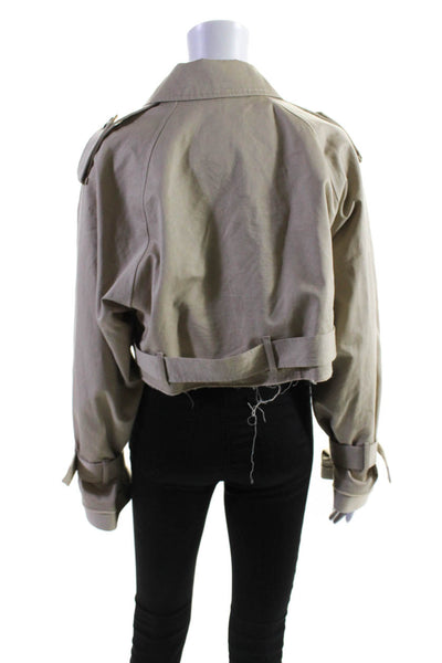 Zara Womens Cotton Belted Hem Long Sleeve Cropped Jacket Beige Khaki Size M