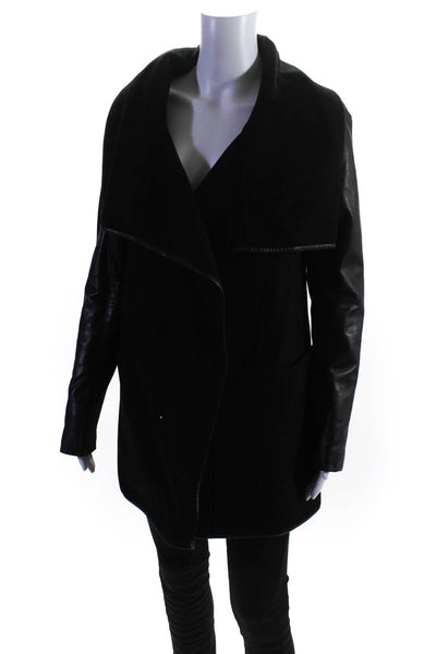 Mackage Womens Wool Leather Trim Two Pocket Mid Length Overcoat Black Size M