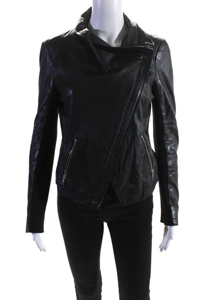 Trouve Womens Leather Ribbed Sleeve Asymmetrical Zip Biker Jacket Black Size S