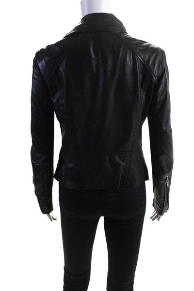 Trouve Womens Leather Ribbed Sleeve Asymmetrical Zip Biker Jacket Black Size S