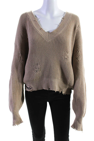 Ser.O.Ya Womens Cotton Knitted V-Neck Distress Textured Sweater Brown Size M
