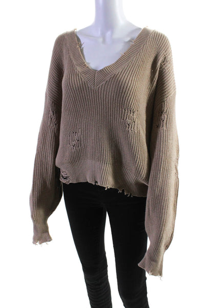 Ser.O.Ya Womens Cotton Knitted V-Neck Distress Textured Sweater Brown Size M