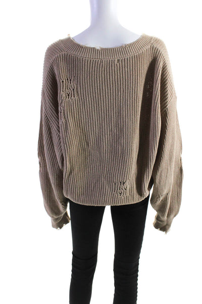 Ser.O.Ya Womens Cotton Knitted V-Neck Distress Textured Sweater Brown Size M