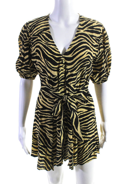 Faithfull The Brand Womens Short Sleeve Tiger Print V Neck Dress Yellow Size 2