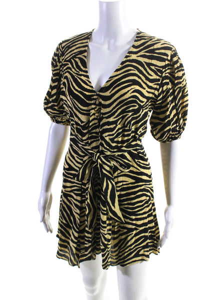 Faithfull The Brand Womens Short Sleeve Tiger Print V Neck Dress Yellow Size 2