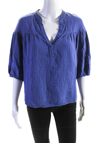 Xirena Womens Pleated Half Sleeved V Neck Relaxed Fit Tunic Blouse Blue Size S