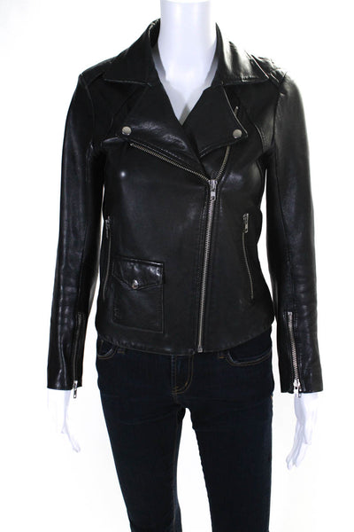 Sandro Womens Leather Three Pocket Full Zip Crop Motorcycle Jacket Black Size 1