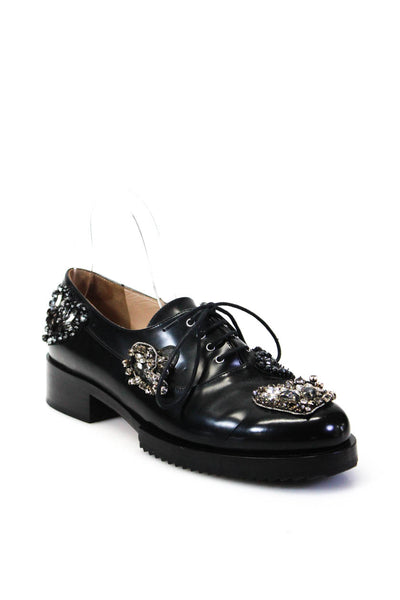N 21 Women's Round Toe Embellish Lace Up Cuban Heels Loafers Shoe Black Size 9
