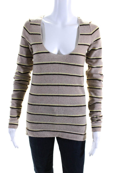 Theory Round Neck Long Sleeves Pullover Beige Stripe Sweater Size S