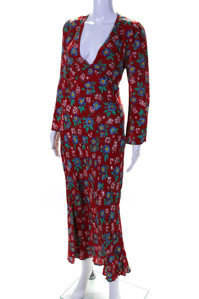 Rixo Womens Silk Floral Print V Neck Belted High Waist Maxi Dress Red Size 6