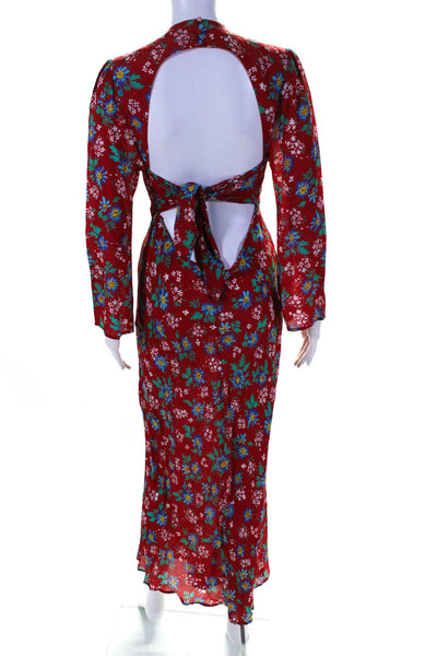 Rixo Womens Silk Floral Print V Neck Belted High Waist Maxi Dress Red Size 6