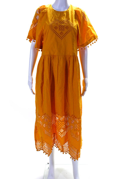 Rhode Womens Eyelet Pom Pom Trim A Line Dress Yellow Cotton Size Small