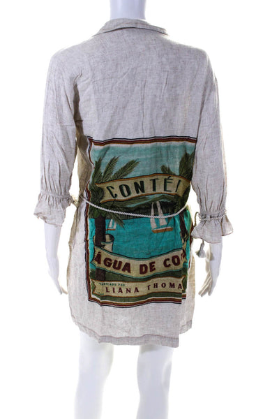 Agua De Coco Womens Graphic Tropical Print Plunge Neck Shirt Dress Beige Small