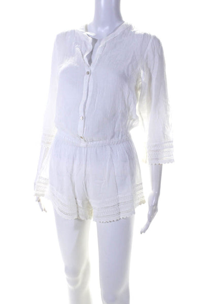 Eberjey Womens Lace Trim Woven Button Up 3/4 Sleeve Romper White Size S/M