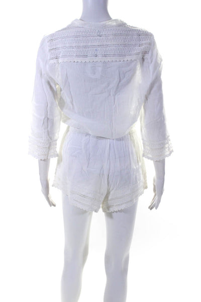 Eberjey Womens Lace Trim Woven Button Up 3/4 Sleeve Romper White Size S/M