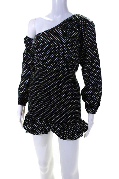 Tularosa Womens One Shoulder Smocked Polka Dot Long Sleeve Mini Dress Black XS