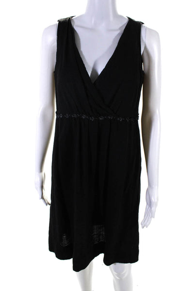 Eileen Fisher Womens Textured Ribbon Waist V-Neck A-Line Dress Black Size S