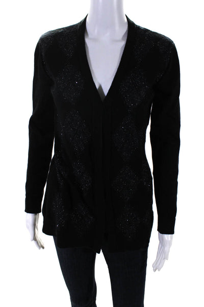 D. Exterior Womens Metallic Argyle V Neck Cardigan Sweater Black Cashmere Small
