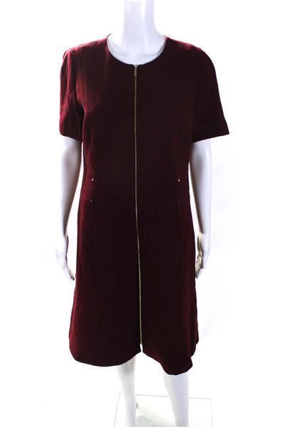 Lafayette 148 New York Womens Wool Short Sleeve Front Zip Dress Red Size 10