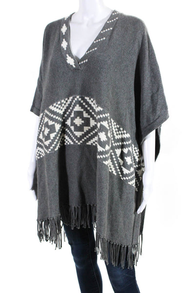Minnie Rose Womens Aztec Print Tight Knit V Neck Poncho Gray White Size O/S