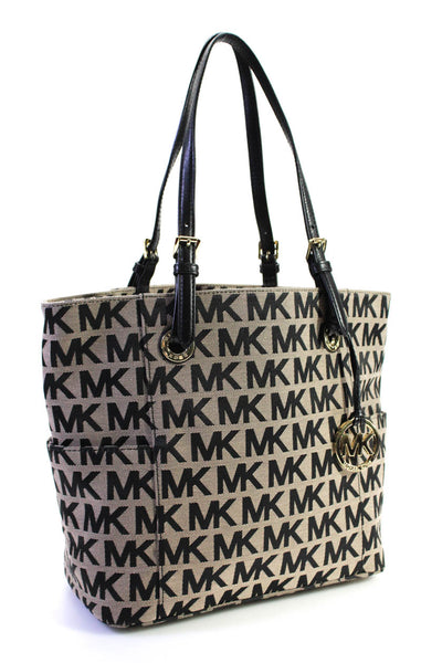 Michael Michael Kors Womens Monogram Canvas Leather Trim Tote Bag Brown Size L