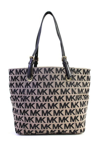 Michael Michael Kors Womens Monogram Canvas Leather Trim Tote Bag Brown Size L