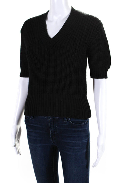 Miu Miu  Women's V-Neck Short Sleeves Knit Pullover Sweater Black Size 36