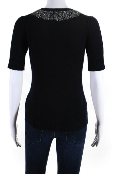 Aeve Women's Crewneck Short Sleeves Embellish Cashmere Sweater Navy Blue Size 0