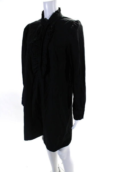 J Crew Womens Black Cotton V-neck Ruffle Long Sleeve A-Line Dress Size S