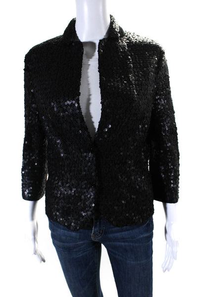 Iisli Womens Black Cotton Sequins Two Button Long Sleeve Blazer Jacket Size 8