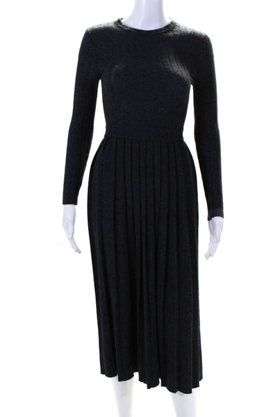 J Crew Womens Wool Long Sleeve Pleated Ribbed Knit Midi Dress Gray Size XXS