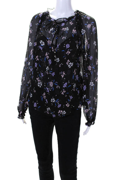 Veronica Beard Womens Silk Floral Print Long Sleeves Blouse Black Size 0