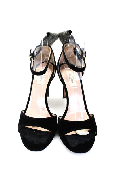 Valentino Garavani Womens Velvet Bow Ankle Strap Heels Black Silver Tone Size 9