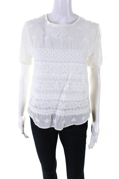 Roller Rabbit Womens Cotton Short Sleeve Embroidered Blouse White Size S