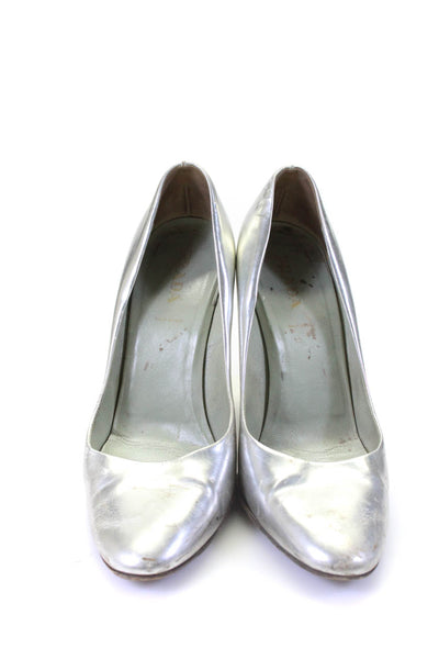 Prada Womens Chrome Leather Slip On Wedge Heel Pumps Silver Size 9