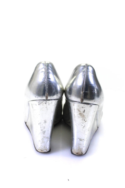 Prada Womens Chrome Leather Slip On Wedge Heel Pumps Silver Size 9