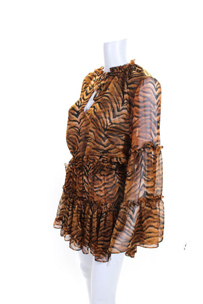 Misa Womens Animal Print Ruffled Tiered Flounce Sleeve Dress Brown Size S