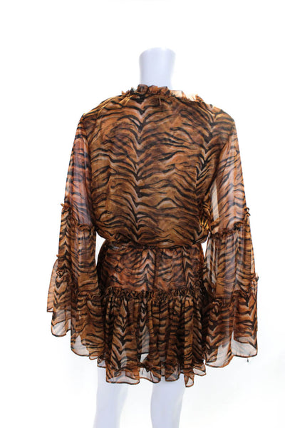 Misa Womens Animal Print Ruffled Tiered Flounce Sleeve Dress Brown Size S